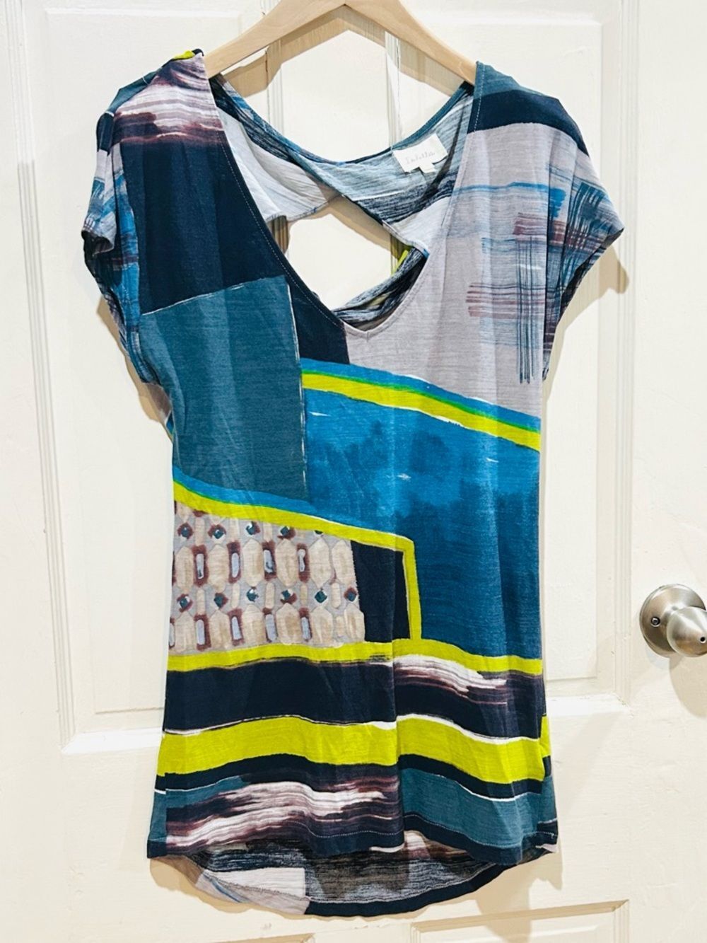 Anthropologie Deletta Abstract Art V-Neck Tunic Top Open Back Size S